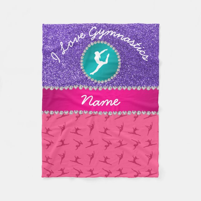Name pink gymnastics purple glitter silhouette fleece blanket (Front)