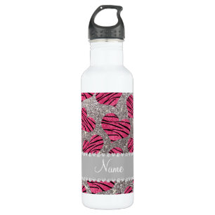 Name pink hearts silver glitter zebra stripes 710 ml water bottle