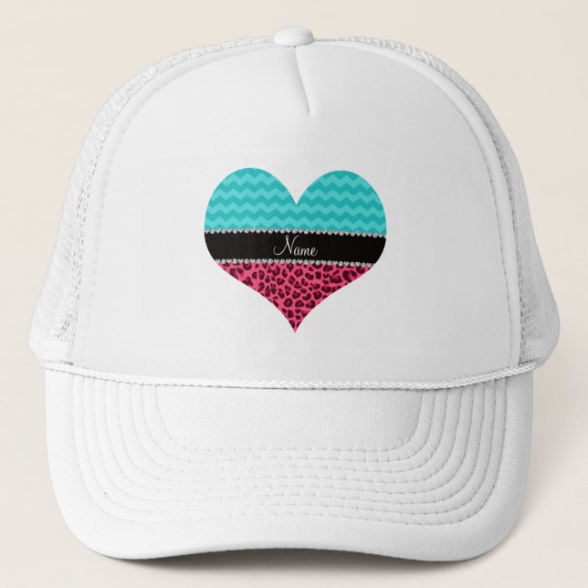 Name pink leopard turquoise chevrons trucker hat (Front)