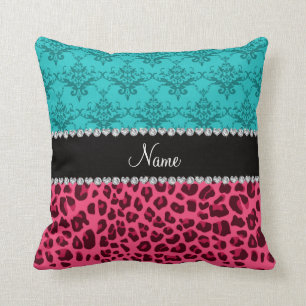 Name pink leopard turquoise damask cushion