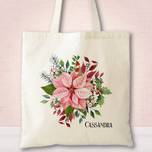Name, Pink Poinsettia Berries & Green Foliage Tote Bag