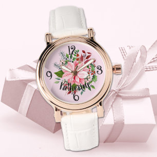 Name, Pink Poinsettia Bouquet White Leather Womans Watch