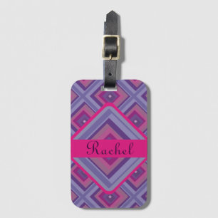 Name Pink Purple Diamond Pattern Chequered Pretty Luggage Tag