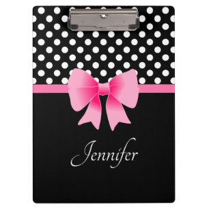 Name Pink Ribbon Black & White Polka Dots Clipboard