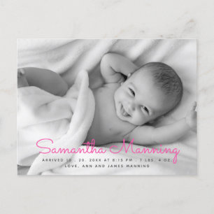 Name   Pink Script Photo Birth Announcement Postcard