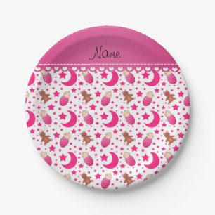 Name pink white baby teddy bear stars moons paper plate