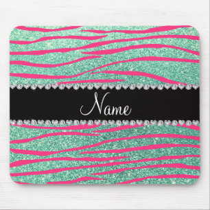 Name pink zebra stripes seafoam green glitter mouse pad