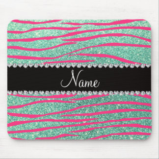 Name pink zebra stripes seafoam green glitter mouse pad