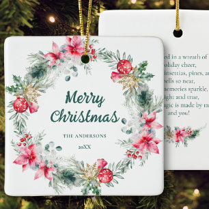 Name Poinsettia Red Green Wreath Christmas Poetry Ceramic Ornament