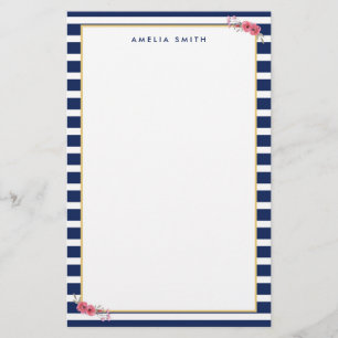 Name Preppy Chic Blue Stripes Pink Flowers Stationery