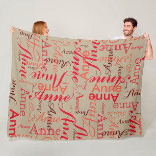 Name Printed in Red all-over a Pale Khaki Fleece Blanket