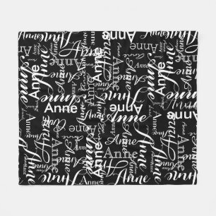 Name Printed in White All-Over a Black Fleece Blanket