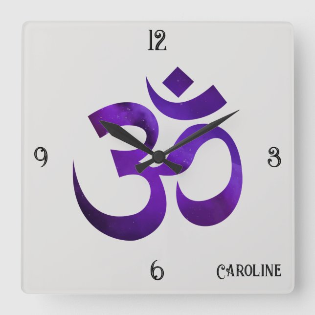 Name, Purple Om Symbol 10.75-in  Square Wall Clock (Front)