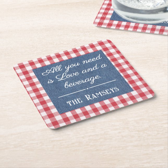 Name Quote. Red & White Check, Blue Denim Print Square Paper Coaster (Angled)