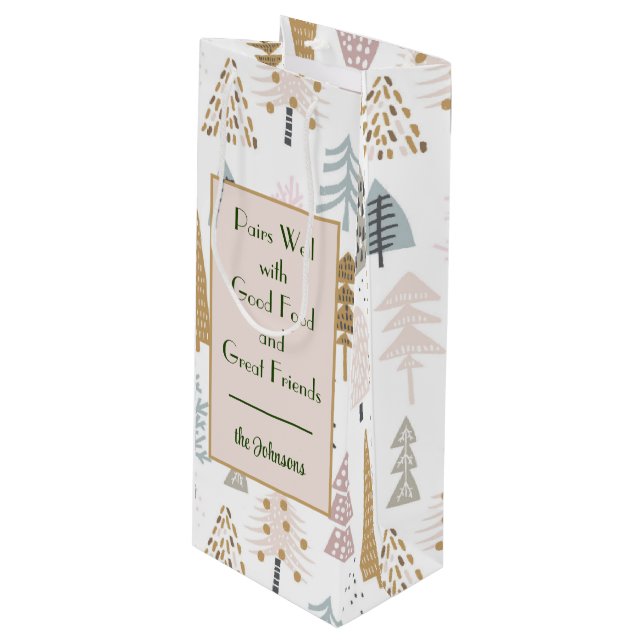 Name Quote || Whimsical Winter Trees Pattern Wine Gift Bag (Front Angled)