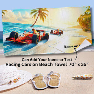 Name, Racing Cars on the Sand Beach Towel