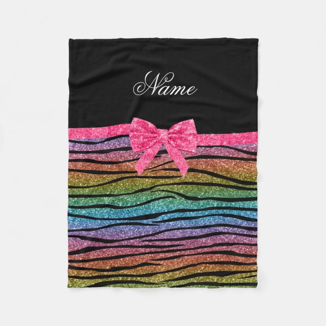 Name rainbow glitter zebra stripes pink bow fleece blanket (Front)