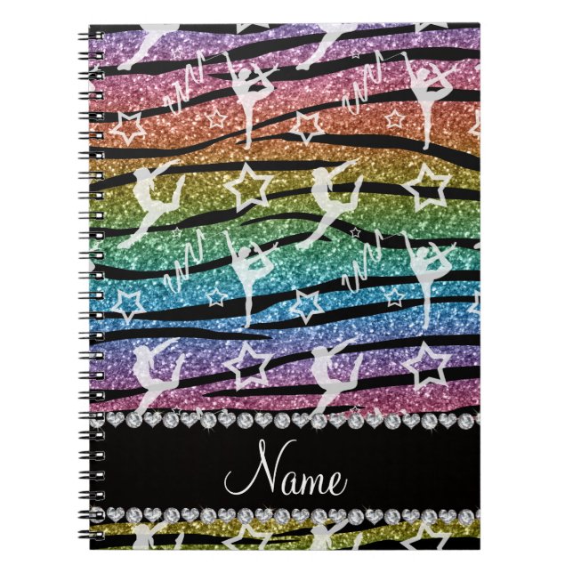 Name rainbow gymnastics glitter zebra stripes spiral notebook (Front)