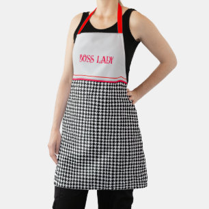 Name, Red Accents Black and White Houndstooth Apron