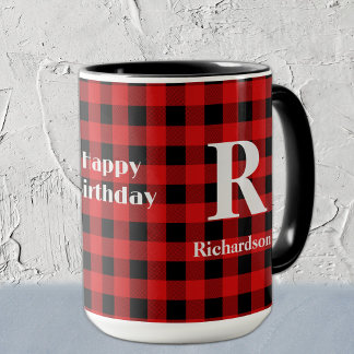 Name Red-Black Buffalo Check, Happy Birthday 15oz Mug