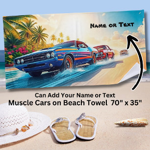Name, Red & Blue Muscle Cars on Sand Beach Towel