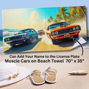 Name, Red & Blue Muscle Cars on Sandy Surf Shore Beach Towel