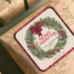 Name Red Buffalo Plaid Farmhouse Christmas Wreath Square Sticker