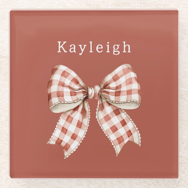 Name Red Cream Bow Glass Coaster (Front)