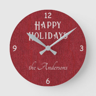 Name, Red Denim Print Happy Holidays Round Clock