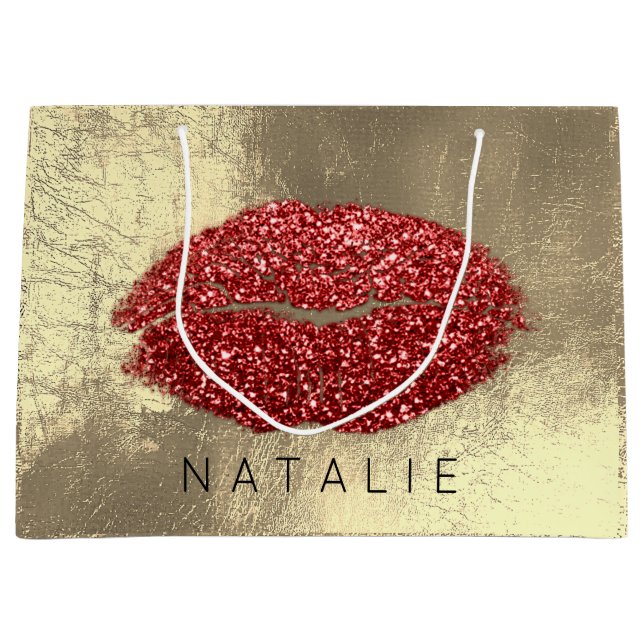 Name Red Metal Kiss Lips Glitter Champagne Gold Large Gift Bag (Front)