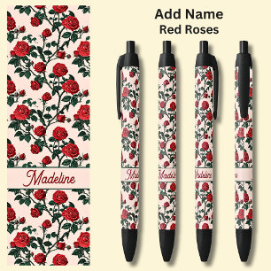 Name Red Roses on Pink Black Ink Pen