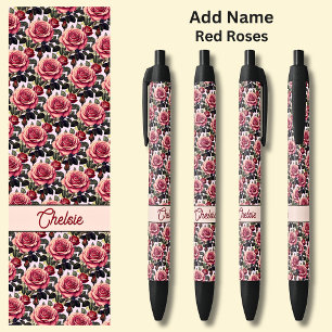 Name Red Roses on Pink Black Ink Pen