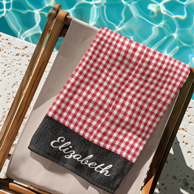 Name, Red & White Buffalo Check, Blue Denim Pool - Beach Towel (Creator Uploaded)