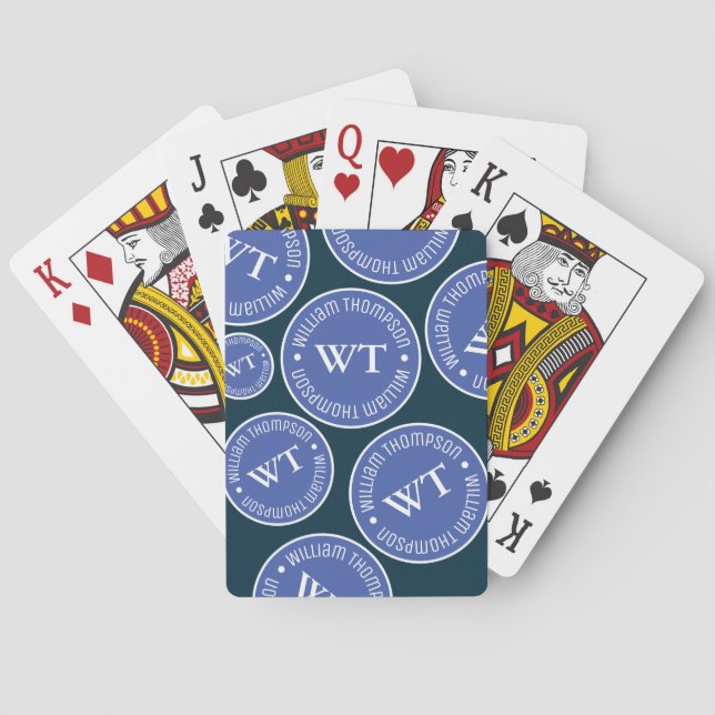 Name Repeated Blue Circles Monogrammed Playing Cards (Back)
