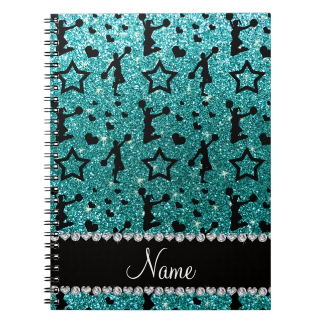 Name robin egg blue glitter stars cheerleading spiral notebook (Front)
