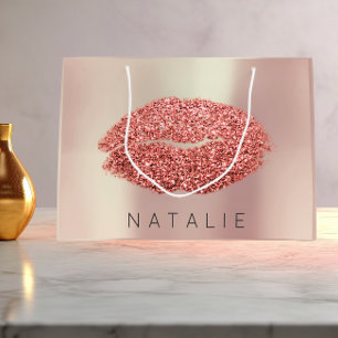Name Rose Blush Pearl Pink Kiss Lip Glitter Copper Large Gift Bag