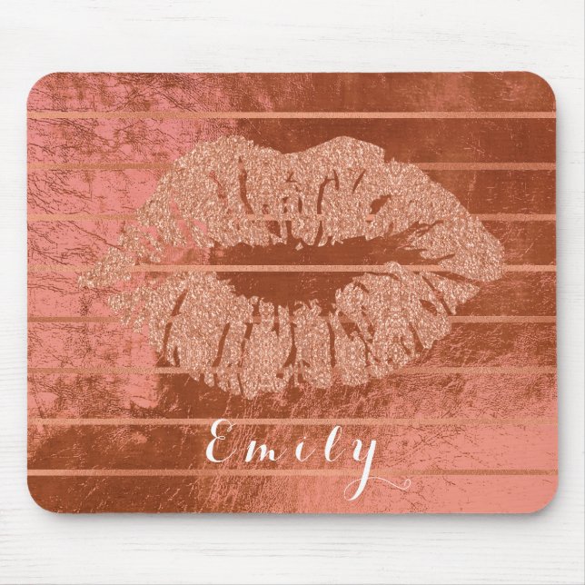 Name  Rose Gold Metallic Copper Stripes Lips Kiss Mouse Pad (Front)