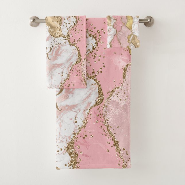 Name Rose Gold Pink Agate Liquid & Glitter Gold   Bath Towel Set (Insitu)