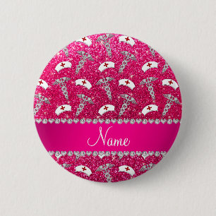 Name rose pink glitter nurse hats silver caduceus 6 cm round badge