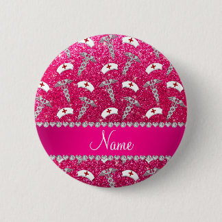 Name rose pink glitter nurse hats silver caduceus 6 cm round badge