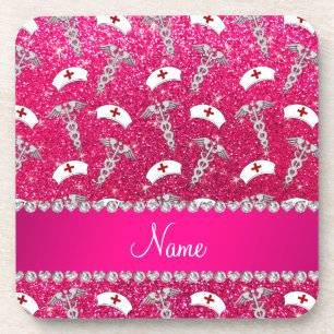 Name rose pink glitter nurse hats silver caduceus coaster