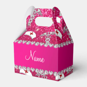 Name rose pink glitter nurse hats silver caduceus favour box