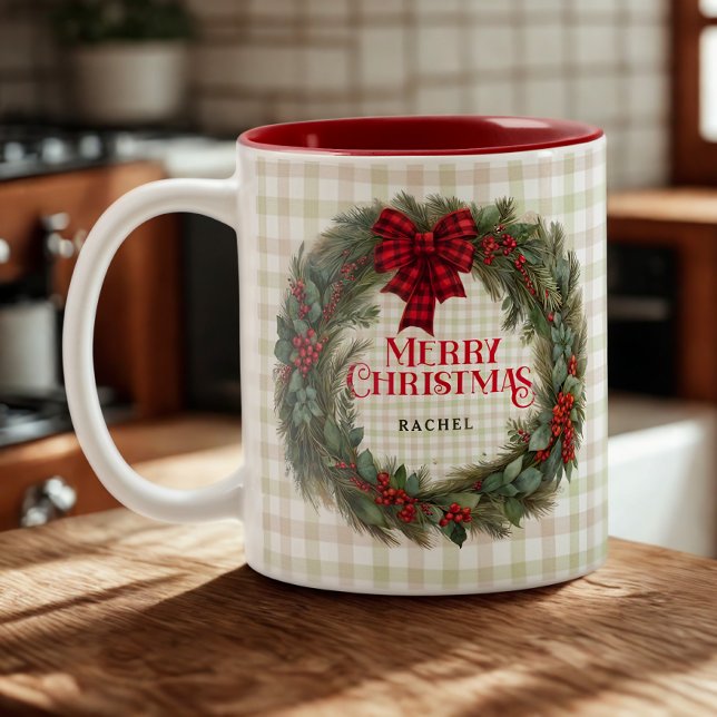 Name Sage Green Gingham Farmhouse Christmas Wreath Two-Tone Coffee Mug (Creator Uploaded)