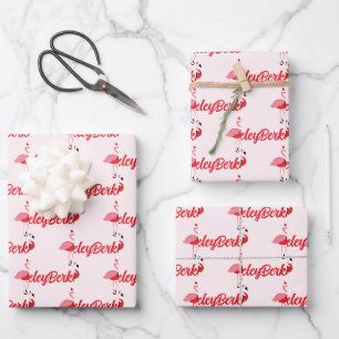 Name Santa Pink Flamingo Christmas Wrapping Paper Sheet