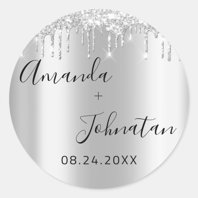 Name Save The Date Black Silver Drips Classic Round Sticker (Front)