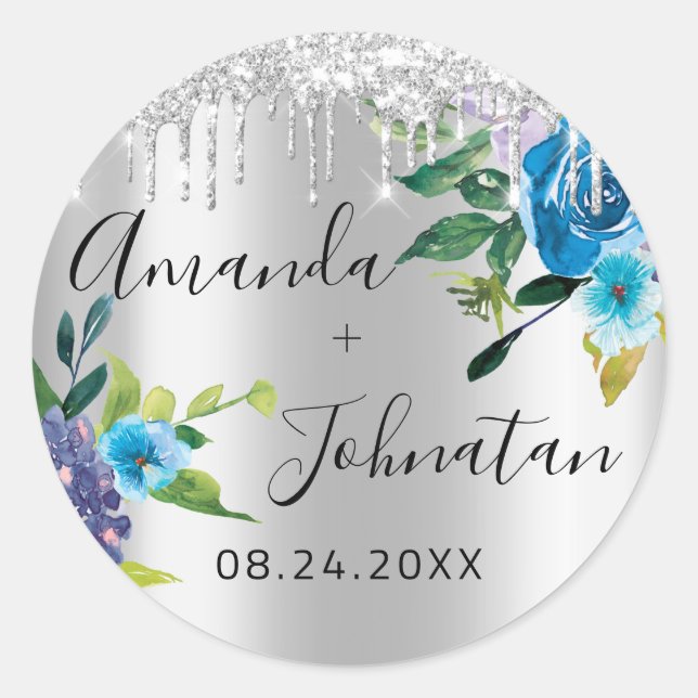 Name Save The Date Black Silver Drips Navy Classic Round Sticker (Front)