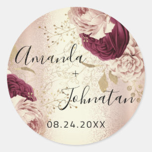 Name Save The Date  Rose Gold  Florals Classic Round Sticker