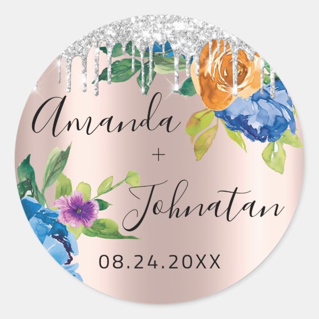 Name Save The Date Rose Silver Drips Navy Classic Round Sticker (Front)