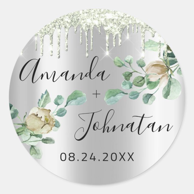 Name Save The Date Silver Drips Mint Green Classic Round Sticker (Front)