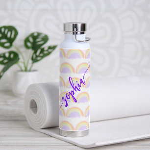 Name script colourful rainbow pattern personalised water bottle